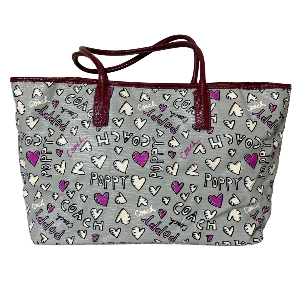 Coach Poppy Hearts Graffiti Tote With Bag Charms Coated Canvas Gray Pink Y2K - Picture 2 of 16